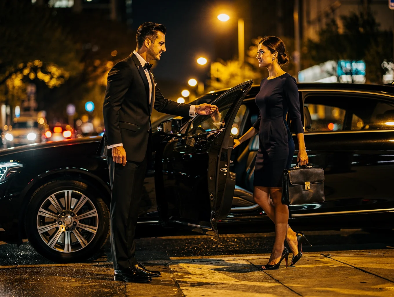 Executive chauffeur in tailored dark suit greeting passenger by private black vehicle
