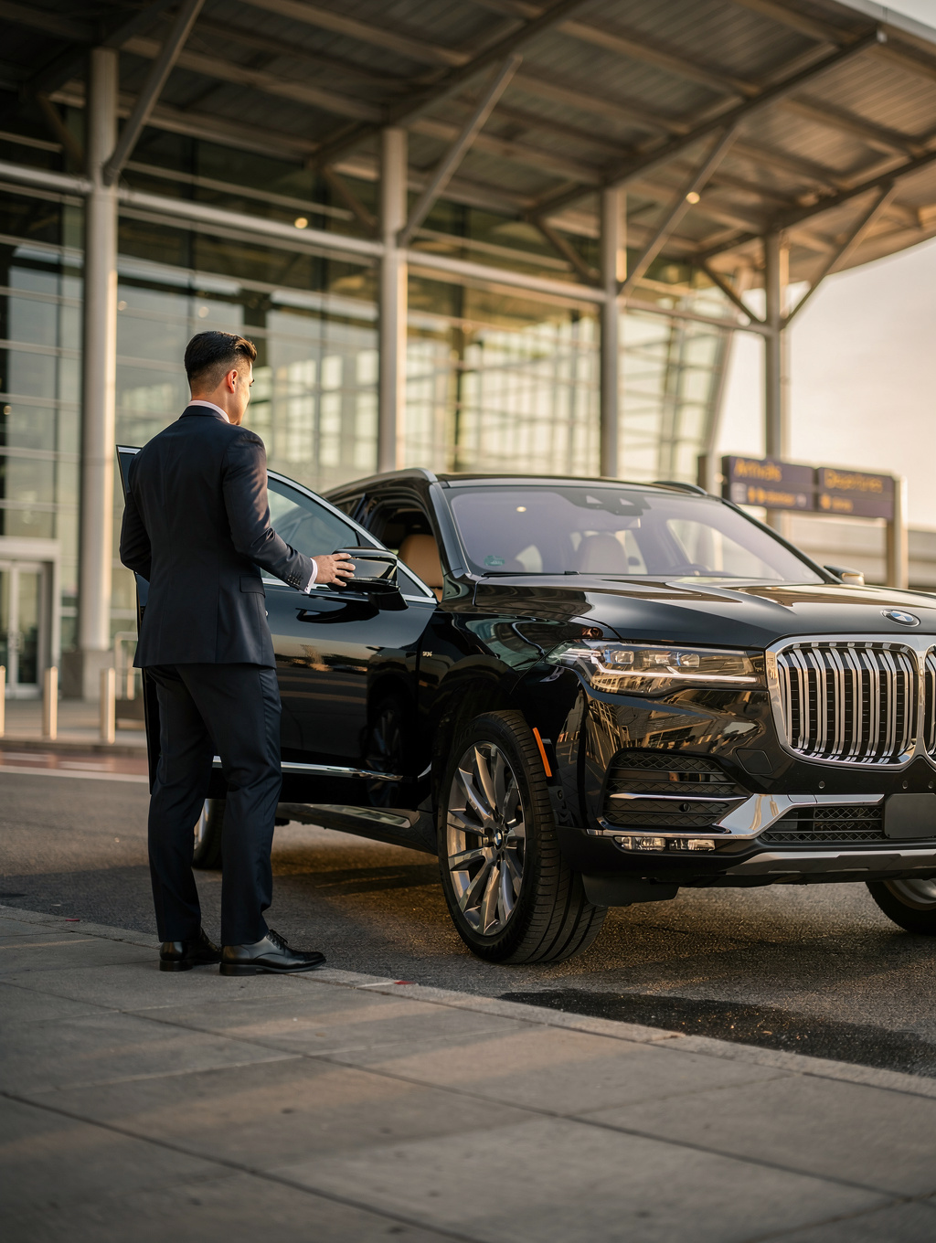 Professional executive chauffeur in dark suit opening the door of a black luxury SUV