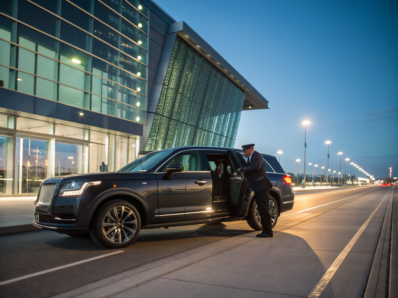 Black SUV parked outside Ronald Reagan Washington National Airport at dusk