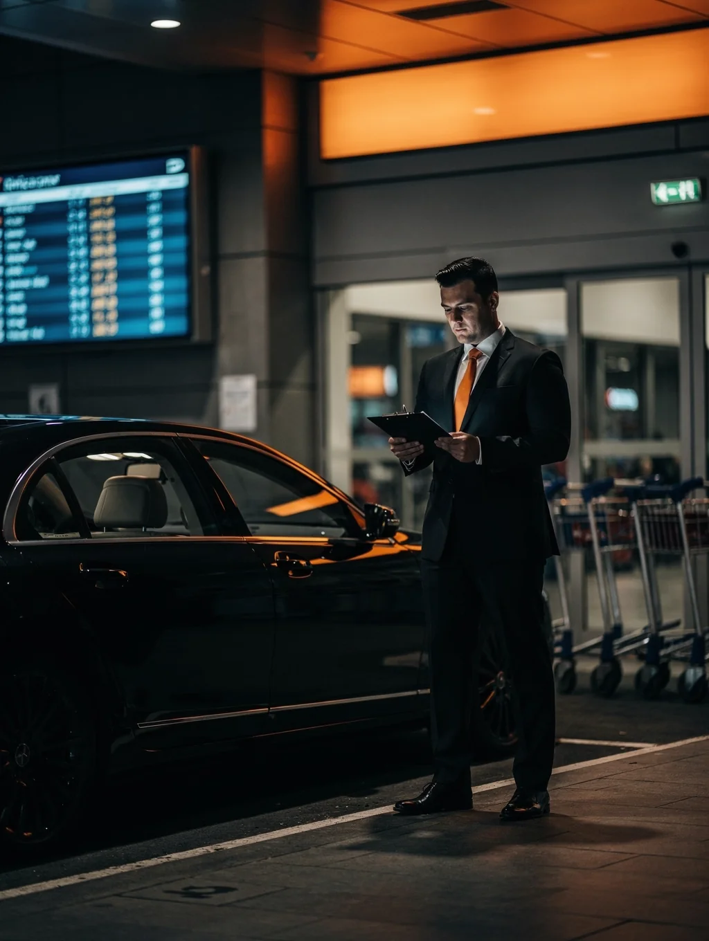 Executive chauffeur in tailored dark suit holding a discreet name sign at the airport arrivals terminal