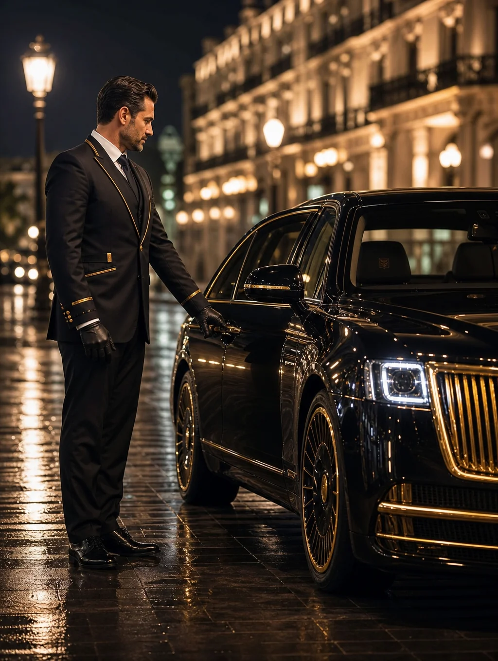 Professional executive chauffeur in a tailored dark suit opening a vehicle door in Washington DC