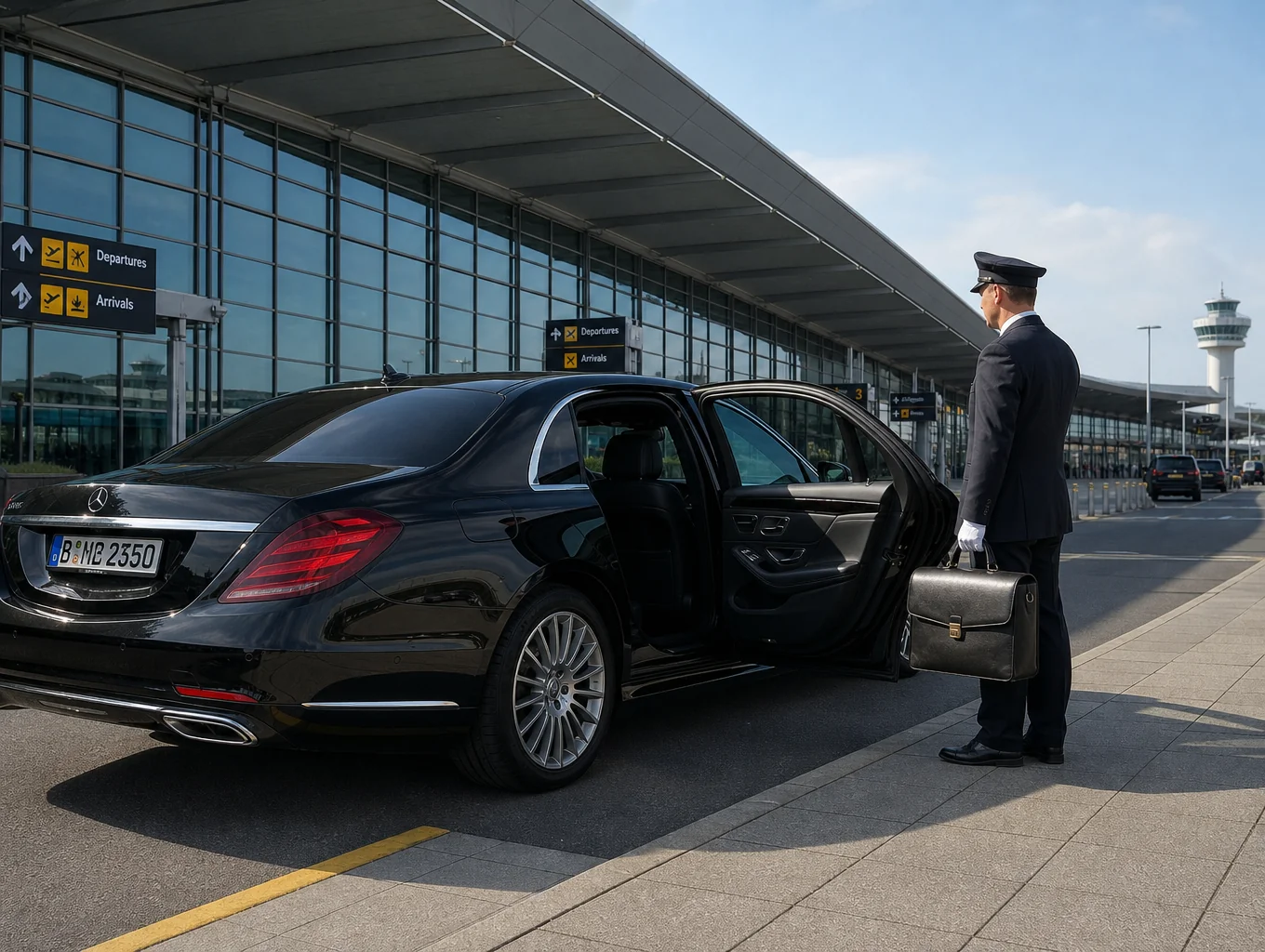Executive sedan waiting at Washington Dulles International Airport terminal curbside