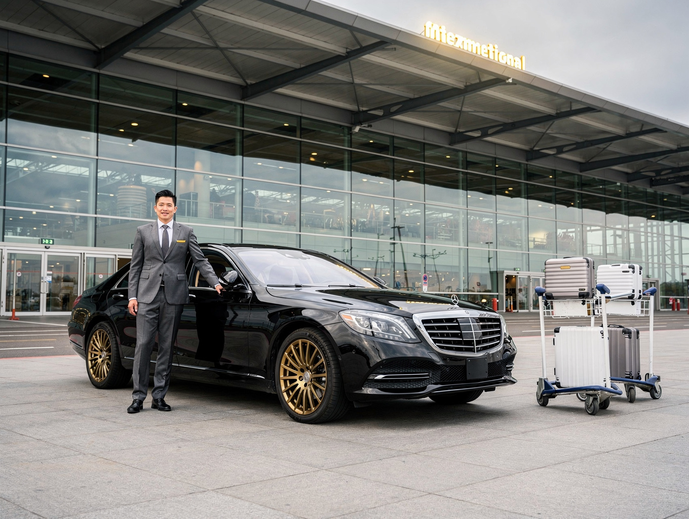 SNC Limo executive fleet staged outside a private airport terminal